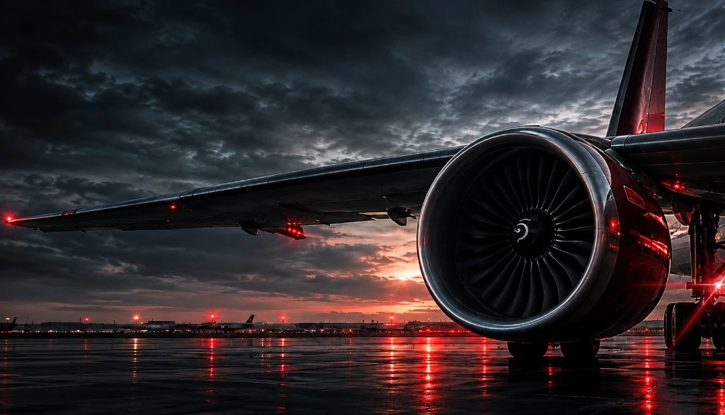Aircraft engine and wing on a wet apron at dusk
